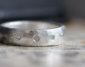 wide sterling silver ring band with 3 flush set diamonds, matte silver or darkened silver, organic hammered ring band for men