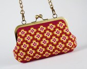 Party purse - Retro flowers in plum and mustard - metal frame handbag with shoulder strap