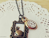 Cute Rabbit Clock Rectangular Photo Frame Necklace