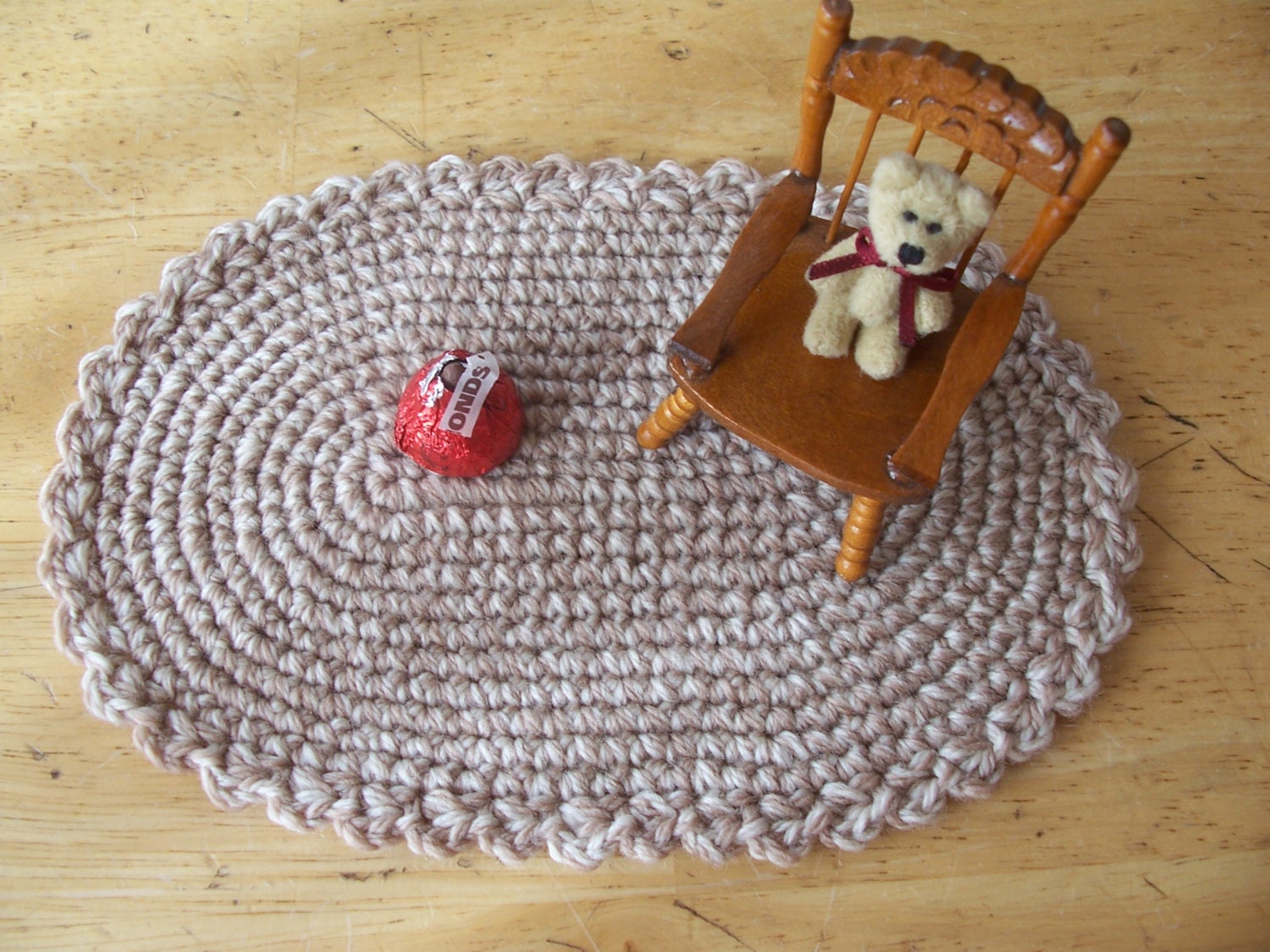 Miniature  crochet oval rug in Fawn Beige Wool for the dollhouse