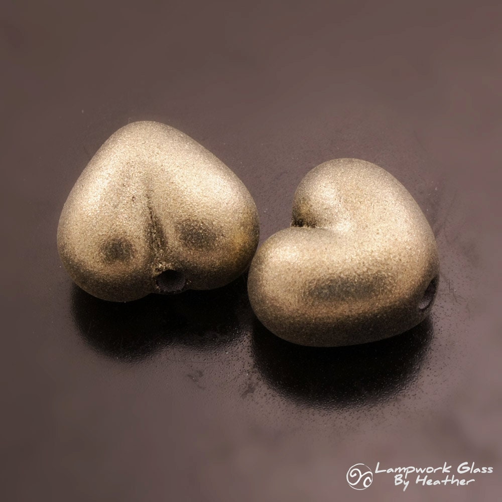 Handmade Lampwork Heart Beads Gold Pixie Dust on Black Earring Pair Heather Behrendt BHV SRA LETeam