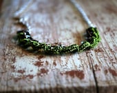 Green Crochet on a Silver Chain, Long Necklace.