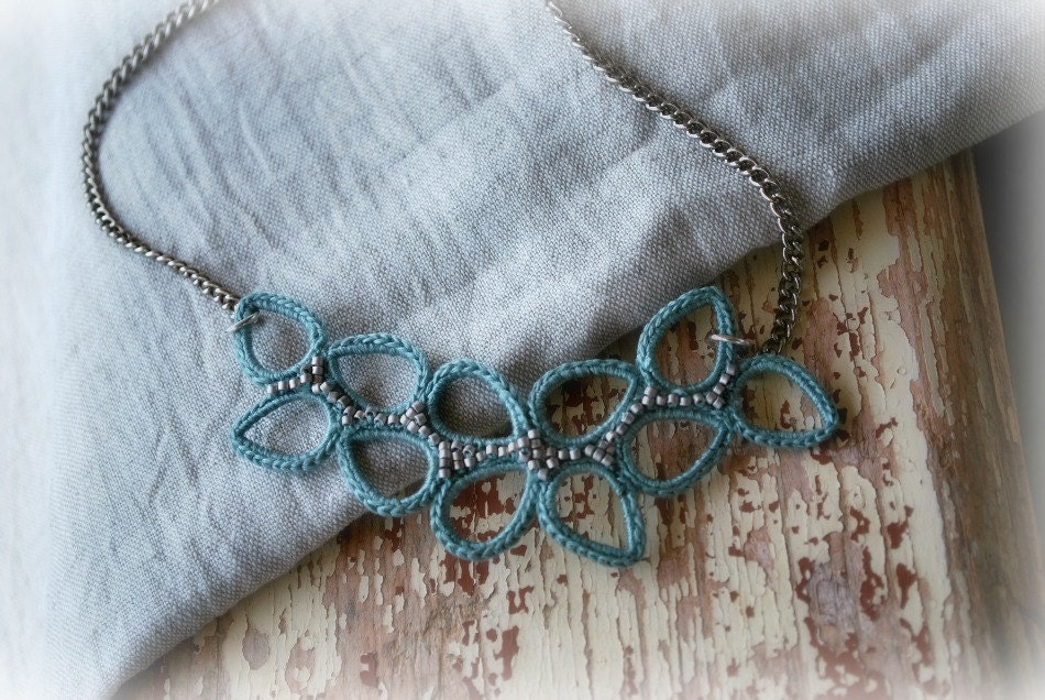 Bib Necklace in Seafoam Green with Platinum Beads. Lightweight Jewelry.