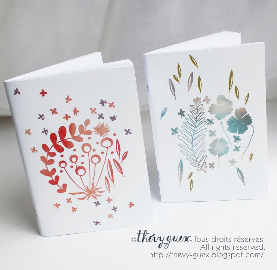 Set of 2 Handmade Illustrated Flowers and Leaves Notebooks /Botanical Herbarium Print Notebook/Spring Flower Notebook