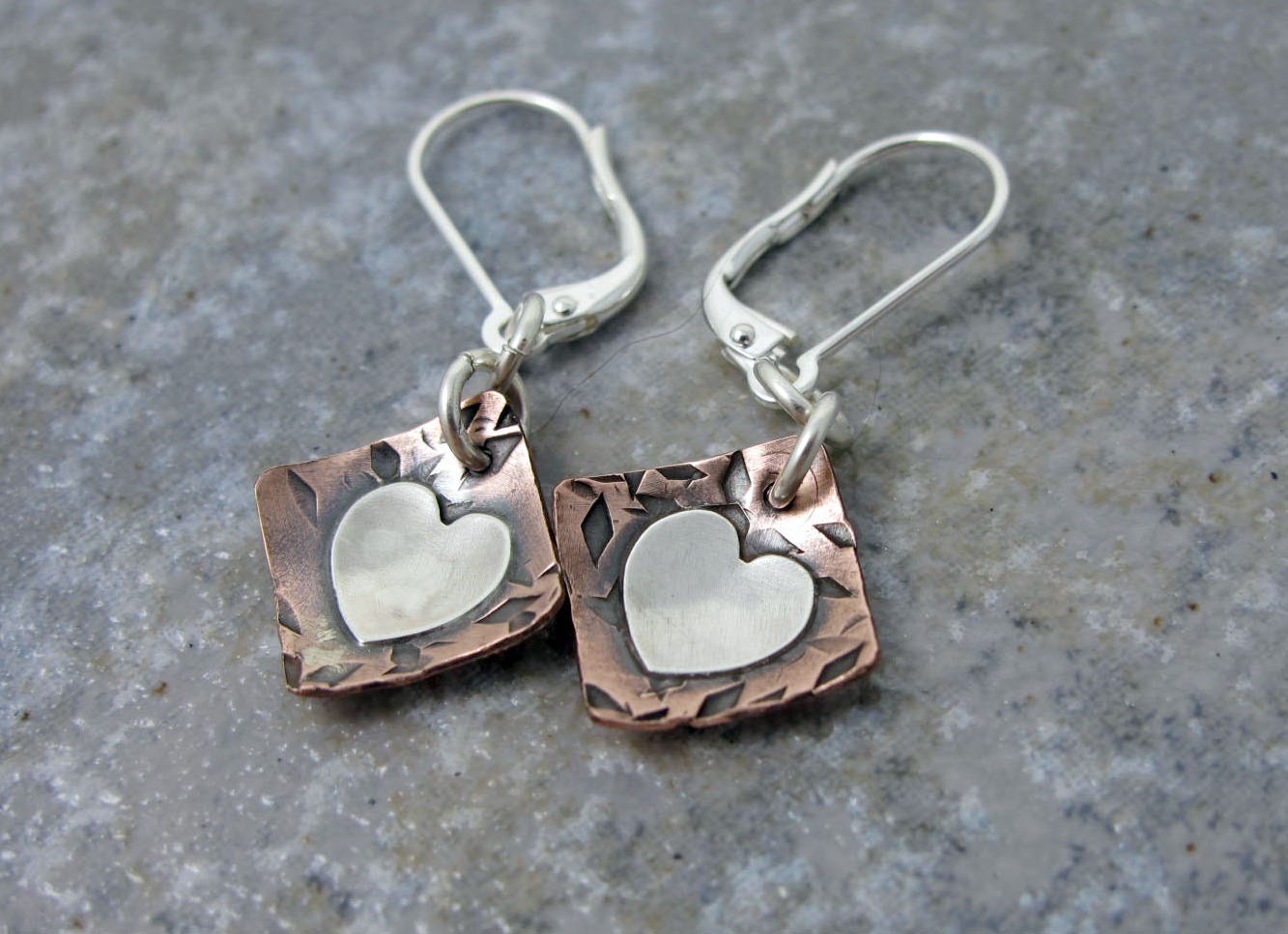 Copper, Sterling Silver, Earrings, Dangle, Heart, texture, Handmade, square, Birthday, Anniversary, Gift