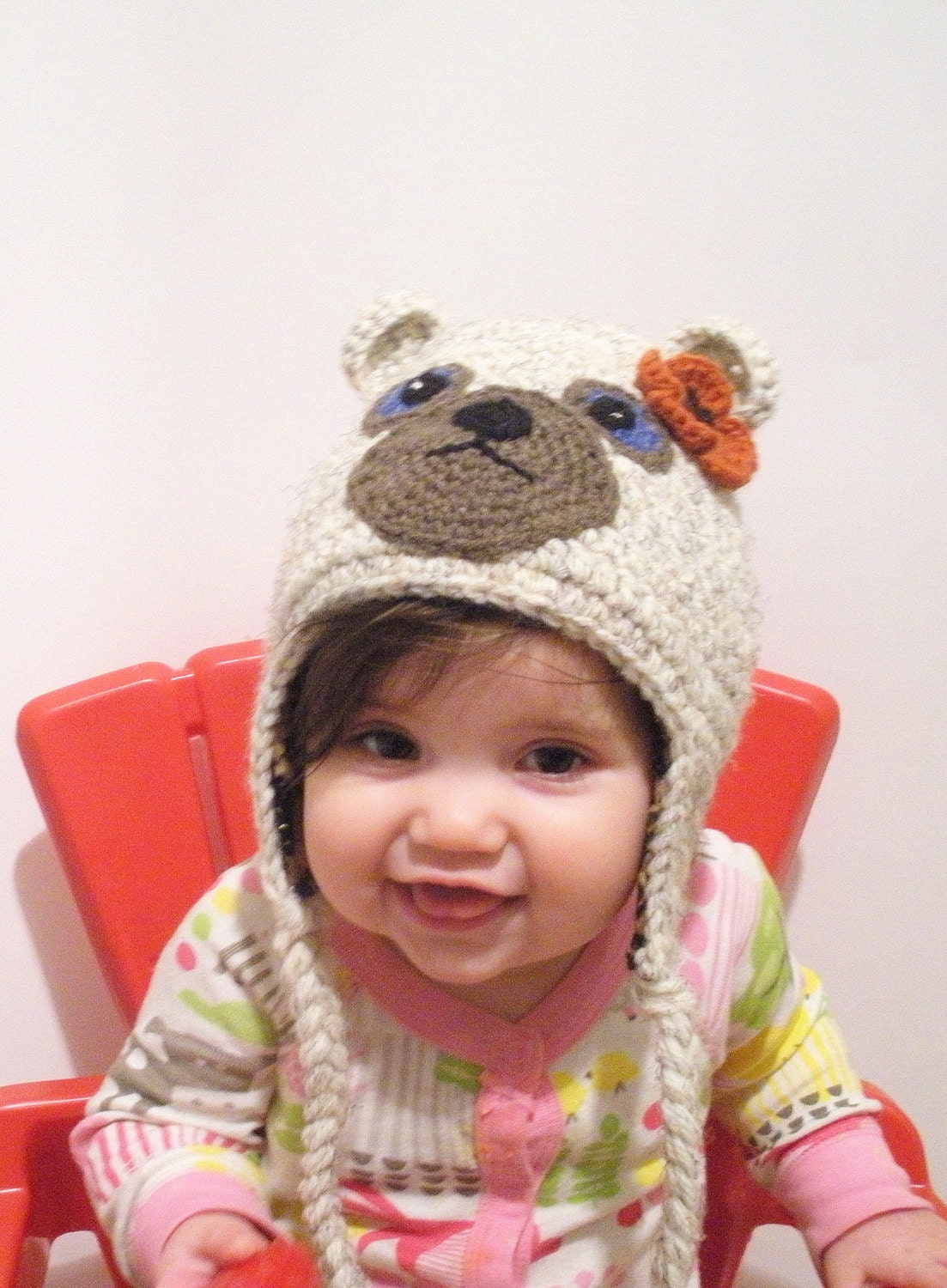 Girls Wool Bear Hat with Leopard Print lining, size 0-24 months, MADE TO ORDER.