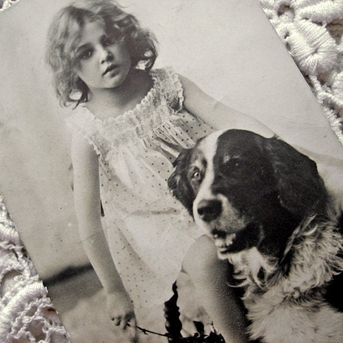 Antique dog, girl photo postcard, 1910s