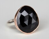 Black Spinel Ring in Rose Gold and Sterling Silver - free form rose cut black gemstone