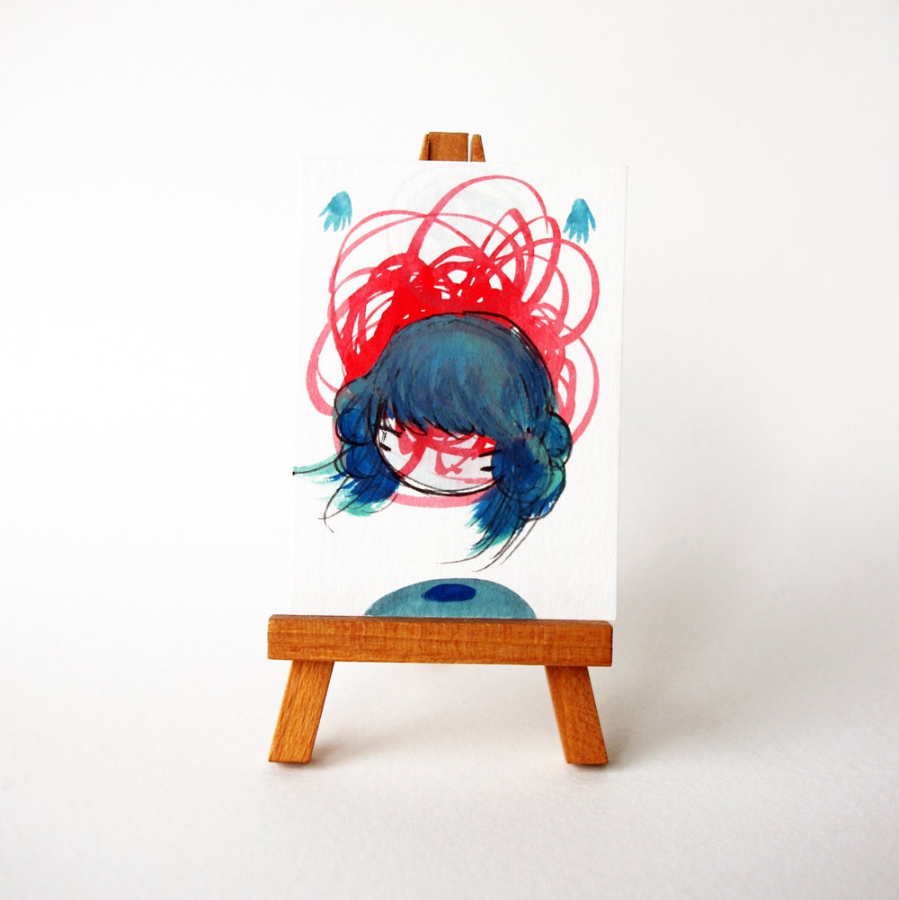 Abstract Painting - Red and blue girl portrait - floating head - ACEO number 27