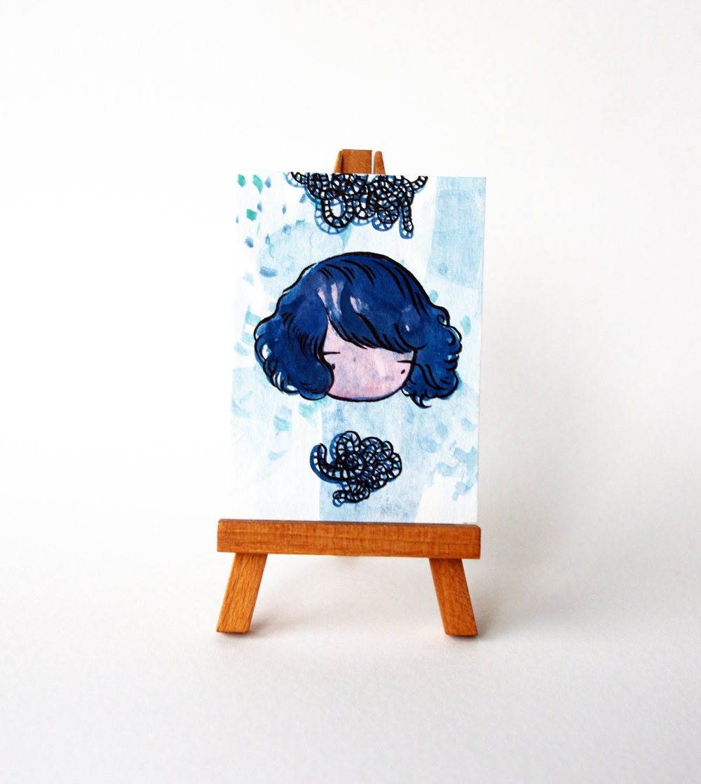 Blue Hair Watercolor painting - cute little original portrait with worms - ACEO number 47