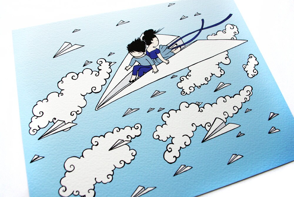 Paper Plane 8x10 Print - kids riding a paper airplane