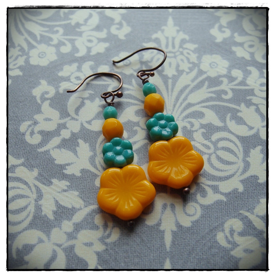 Sakura Sunshine Yellow and Kelly Green/ Teal Earrings