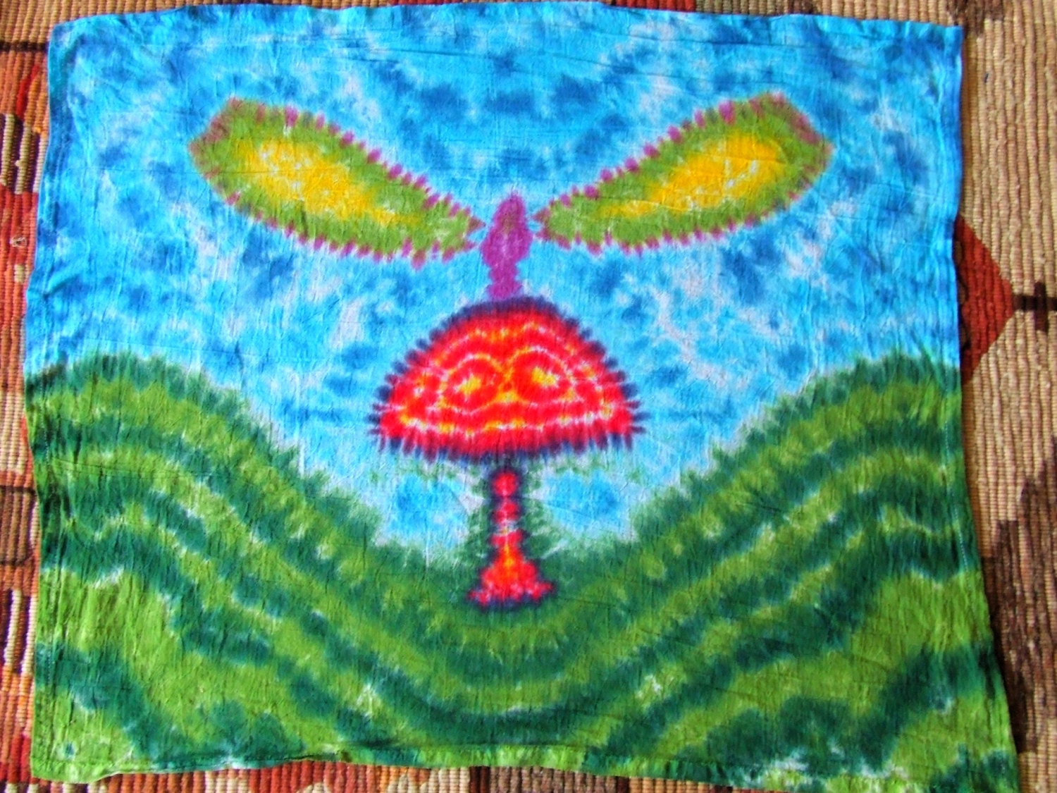 Fairy on a Mushroom Tie Dye Hippie Tapestry - 30 x 38 - One of a Kind - Ready to Ship