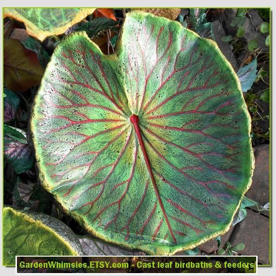 The Birdie Spa - a cast leaf water lily birdbath/feeder on a pole (Leaf 1300A) - Bright red rhubarb veins
