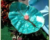 Glowing aqua and copper Philodendron leaf - Cast leaf birdbath or feeder on a pole (Leaf No. 1415)  - PICK ME