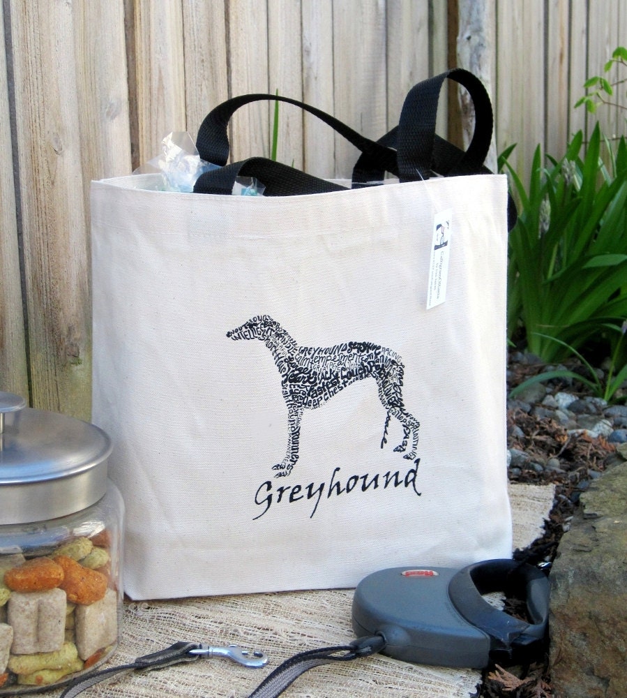 Greyhound Art Canvas Tote Bag, Screen Printed Black Handled Tote Bag w Greyhound Typography Calligram, Dog Art Shopping Bag for Dog Lovers