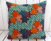 Cushion pillow, African wax print stars in Blue and Orange (17 inch)