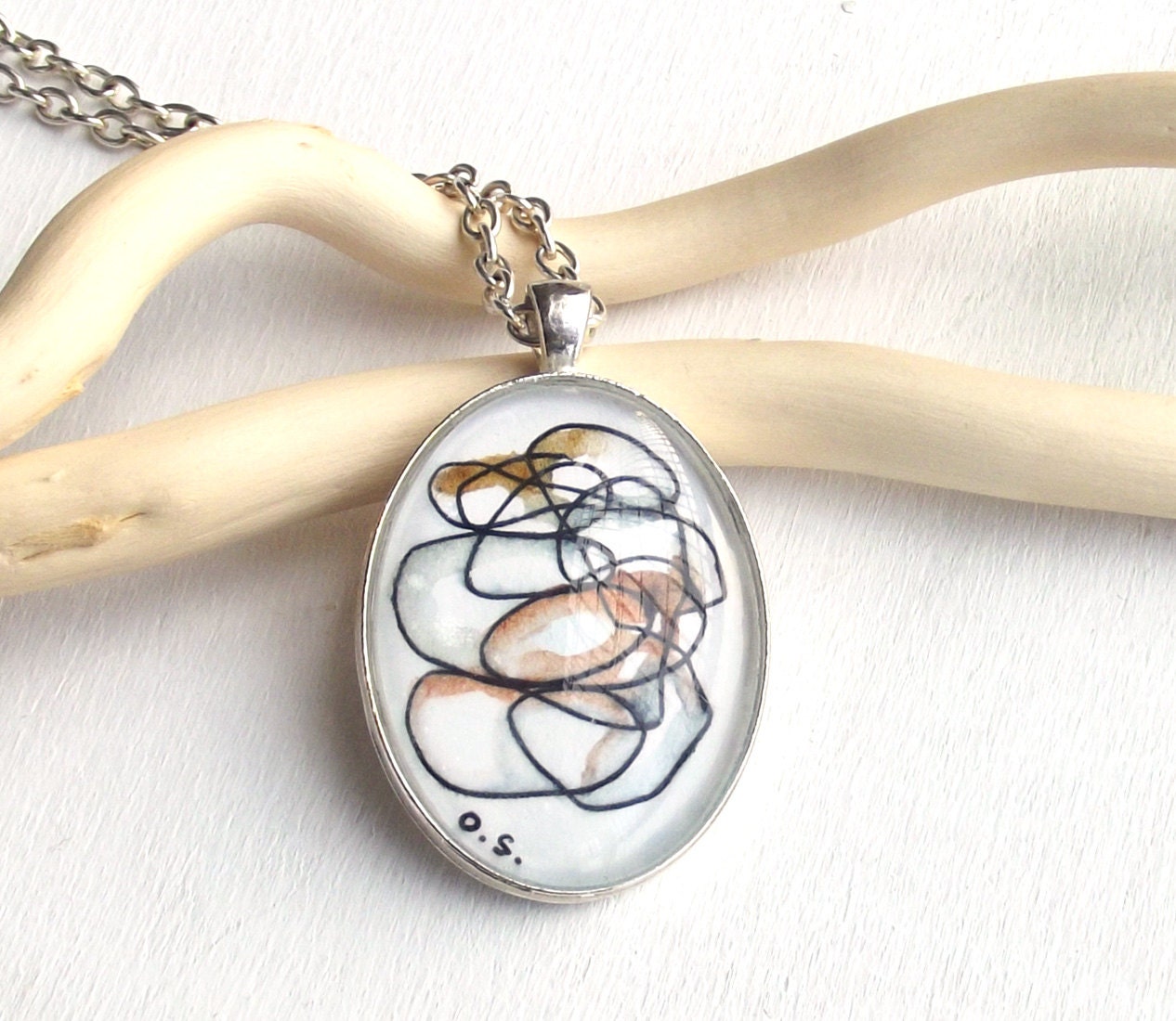 Stones and Earth - original hand-painted art pendant, not a print, miniature, necklace, brown -- silver plated