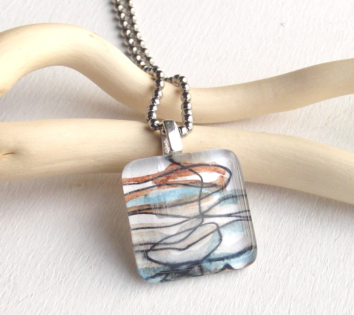 hand painted jewelry - Water and Earth - watercolor tile glass pendant,  not a print, necklace