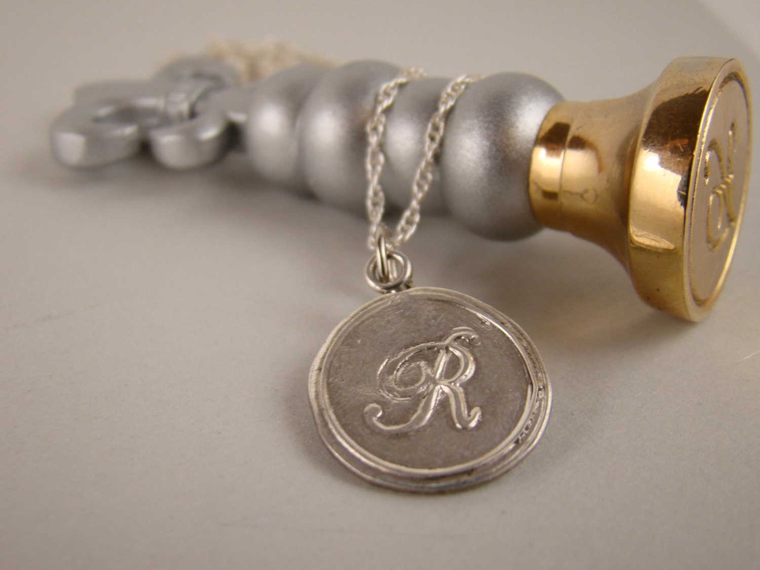 Fine Silver - Envelope Seal Monogram Pendant Necklace - Letter R