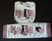 Personalized burp and bib gift set - appliqued in your pinks, browns and greens by Tried and True Designs on Etsy