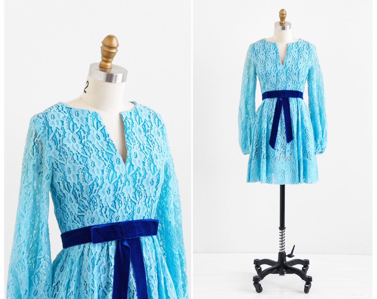 vintage 1960s / lace dress / 60s Blue Lace Mad Men Cocktail Dress with Velvet Bow