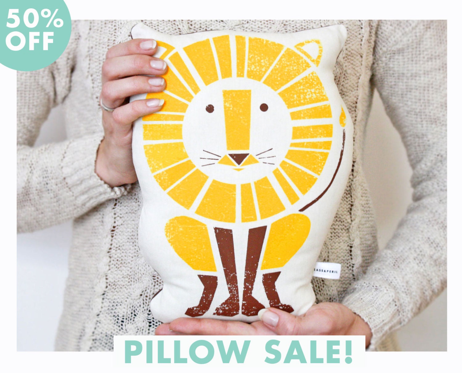 Sale, Half Off- Decorative Pillow, Lion, Organic Cotton, Hand Screenprinted, Cushion