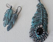 Vintage Leaf Pendant Earrings Blue Patina Rhinestones