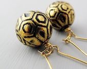 Black and Gold Earrings, Vintage Beads, Gold Filled Ear Wires