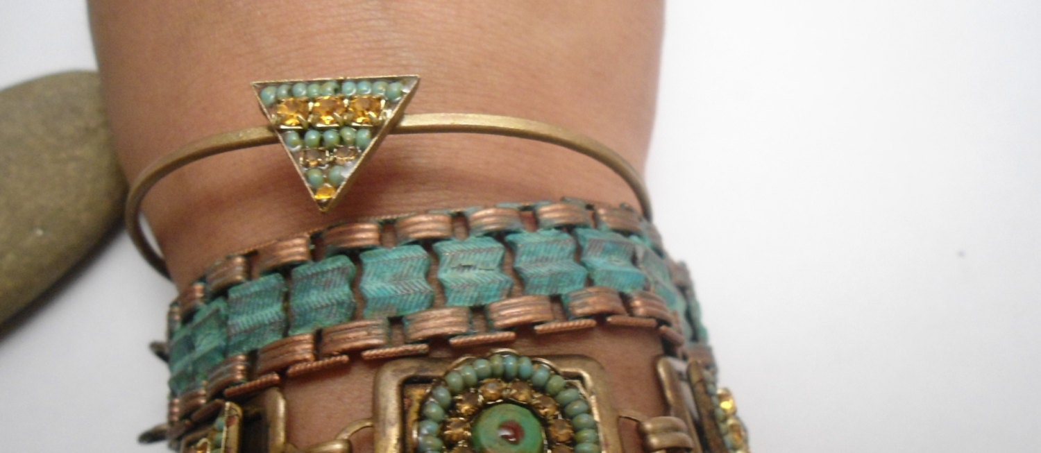Bracelet, Chain Link, Verdigris, Chevron, Art Deco