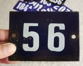 vintage enamel house number 56, white number on navy, from the Netherlands