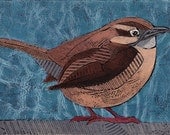 Carolina Wren 12 - Original Collograph of Small Chunky Bird
