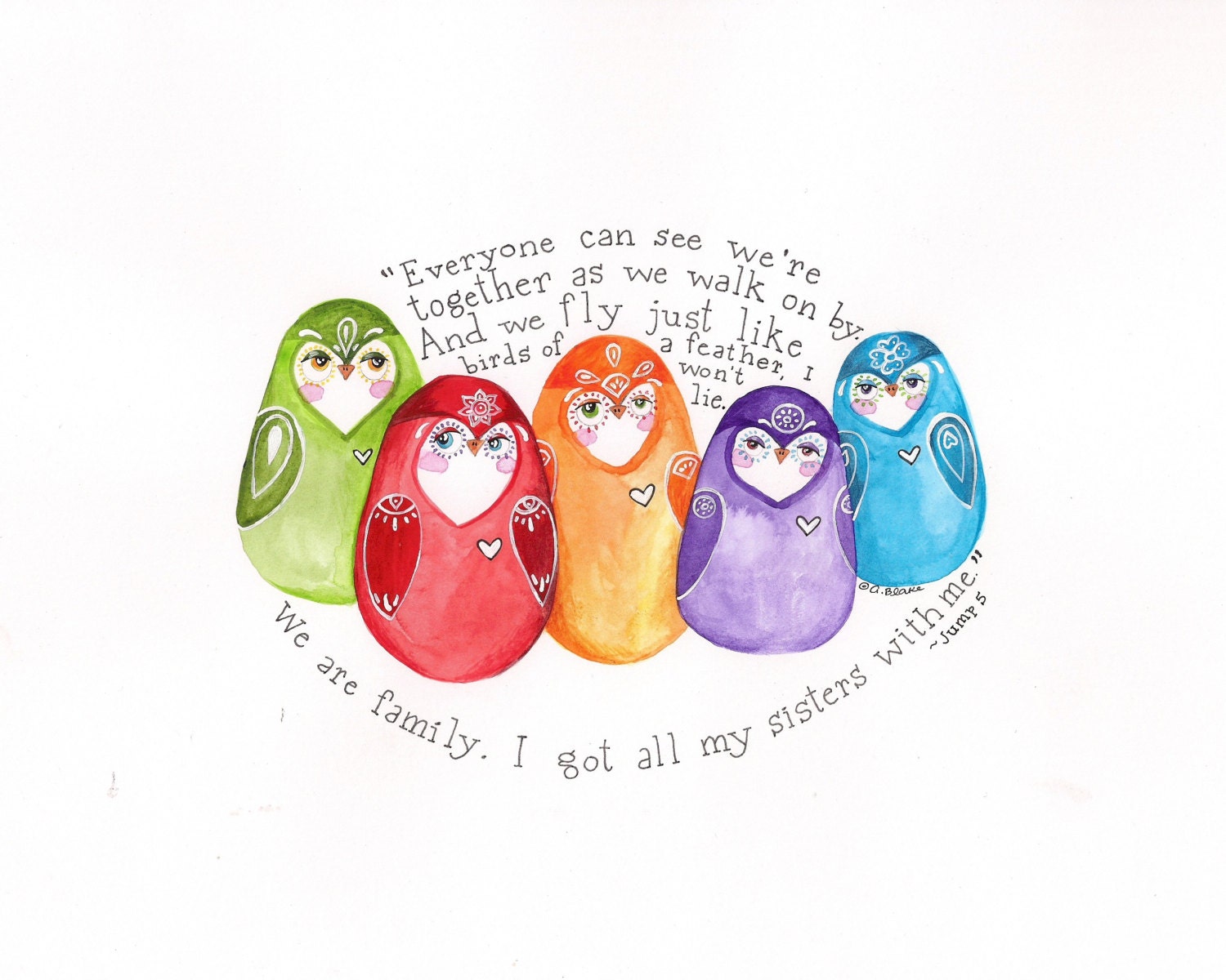 Mixed Media Watercolor Owl Family Print by Paintingbliss