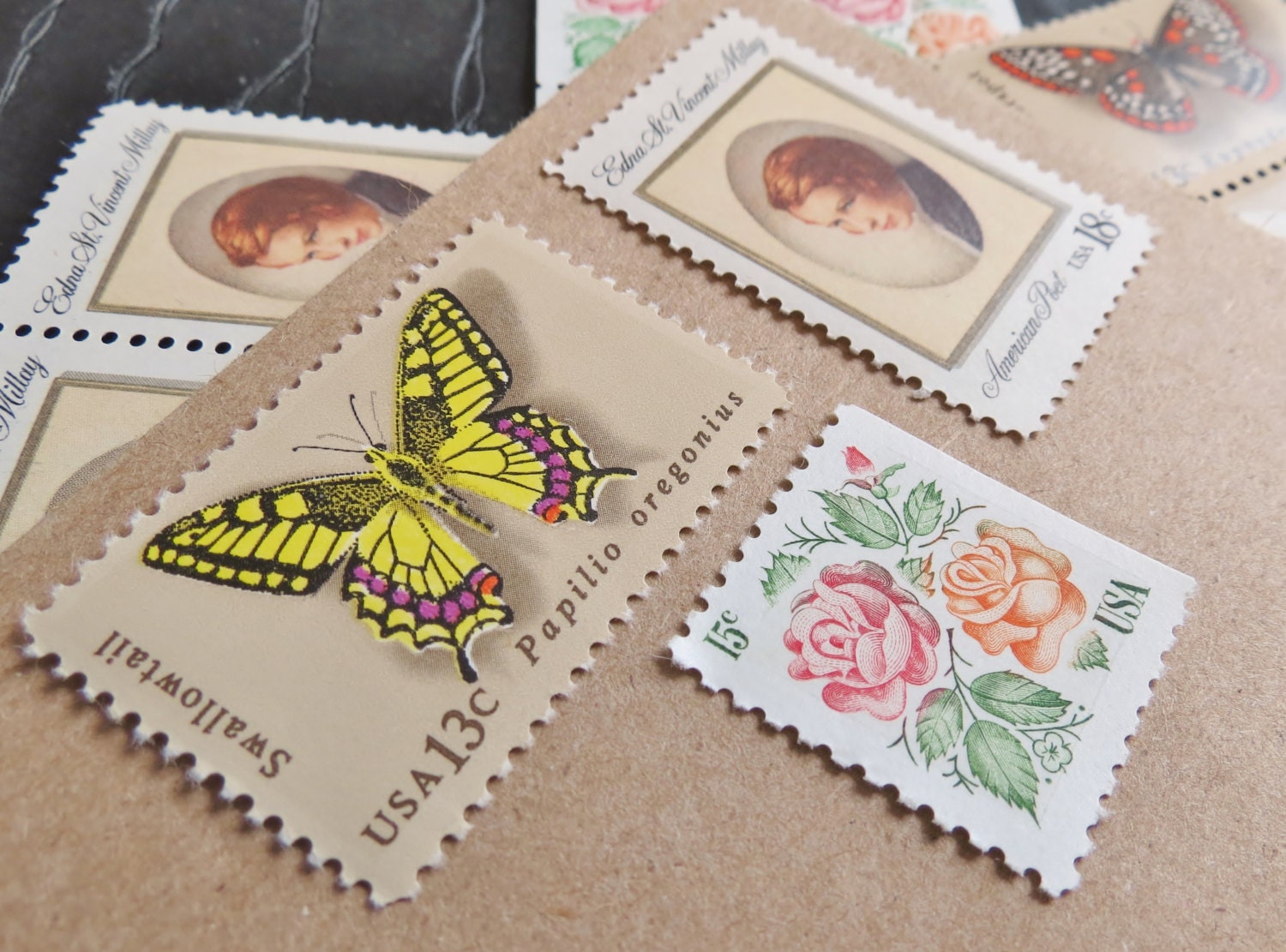 In the Garden .. Vintage UNused Postage Stamps .. to post 5 letters