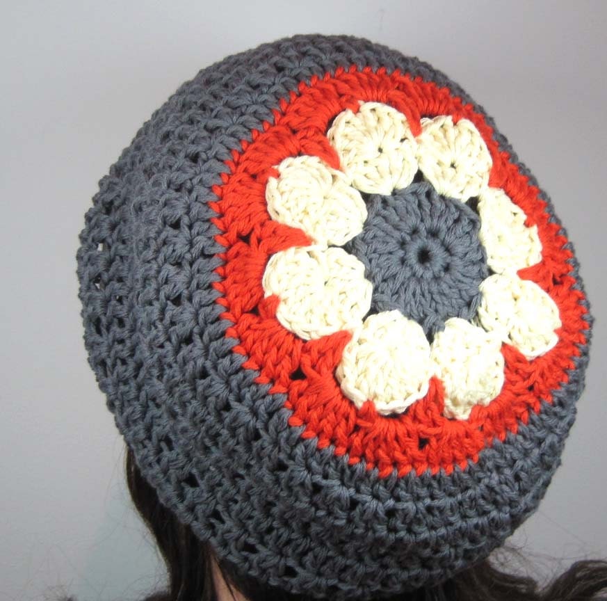 SALE Flower Motif Beret Tam in Gray, Orange, Lemon Yellow, Cotton Blend