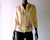 50s mohair knit cardigan - Easter chic embroidered flowers - Saks Fifth Avenue 1950s - Mad Men peggy chic
