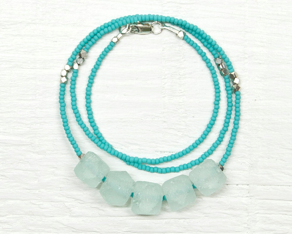 Weathered no9 // Recycled Glass and Seed Bead Necklace // Mint and Turquoise Green