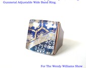 As Gifted On The Wendy Williams Show.  Golden Fortunes in White Chiyogami Paper Glass Ring. Gunmetal Adjustable Wide Band Ring.