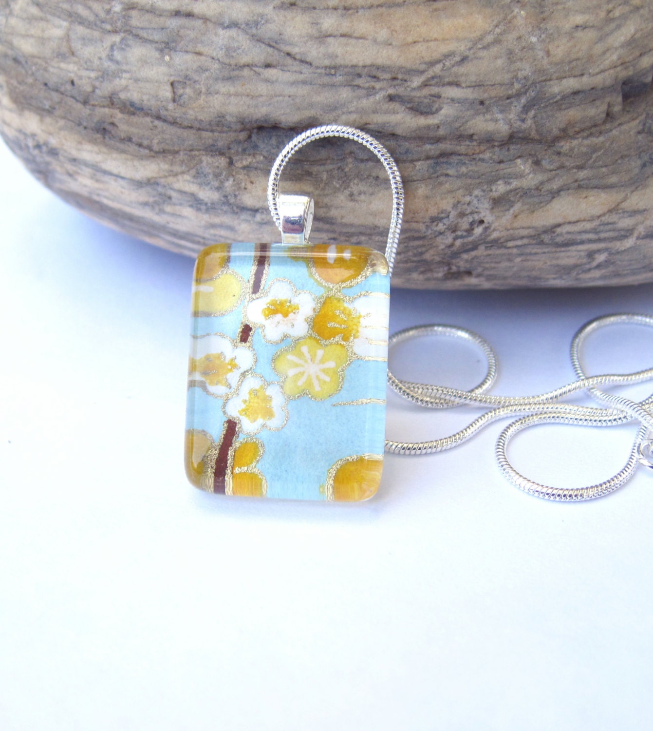 Mini Rectangle Glass Pendant Necklace. Whimsical Bubbly Flowers in Lemon Meringue Yellow.  Japanese Chiyogami Asian Paper.