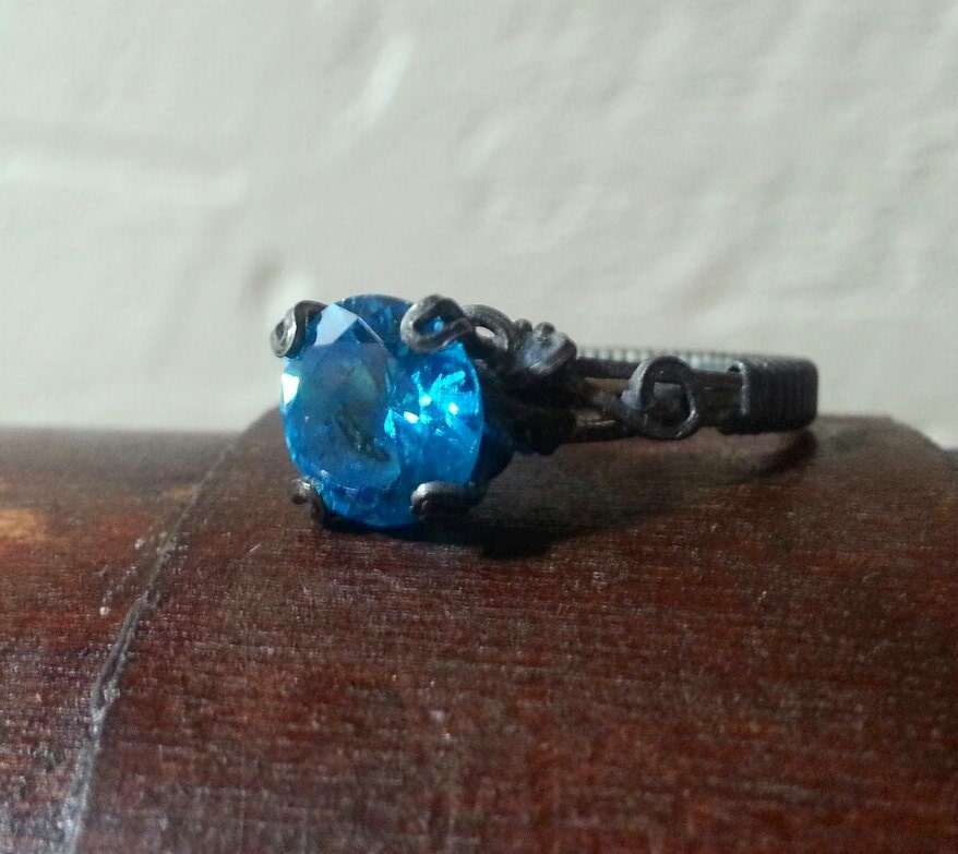 Antiqued Sterling Ring, Blue, Cubic Zirconia, CZ, Spring, Victorian, Cocktail, Hand MAde