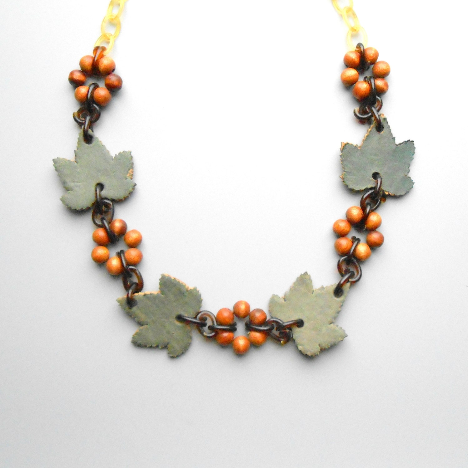 Celluloid Wood Leaves Necklace. Leather.