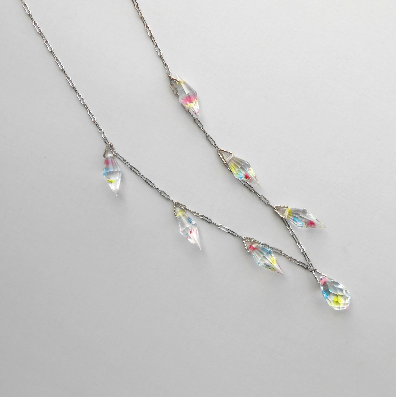 Art Deco Necklace. Iris Glass. Rainbow Stripes. Silver Peanut Chain. CMY