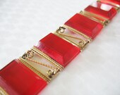 Art Deco Link Bracelet Lipstick Red Beveled Translucent Lucite Rectangles Gold Filled Circa 1940's