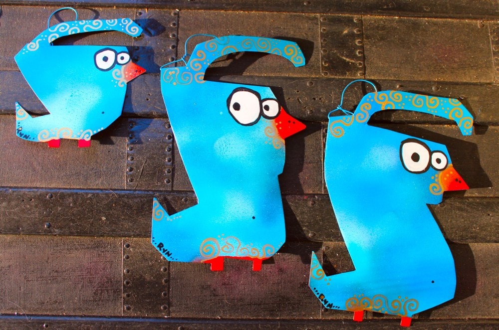 Quail Family Yard Art: Three Metal Signs of Quail Mom and Two Quail Babies