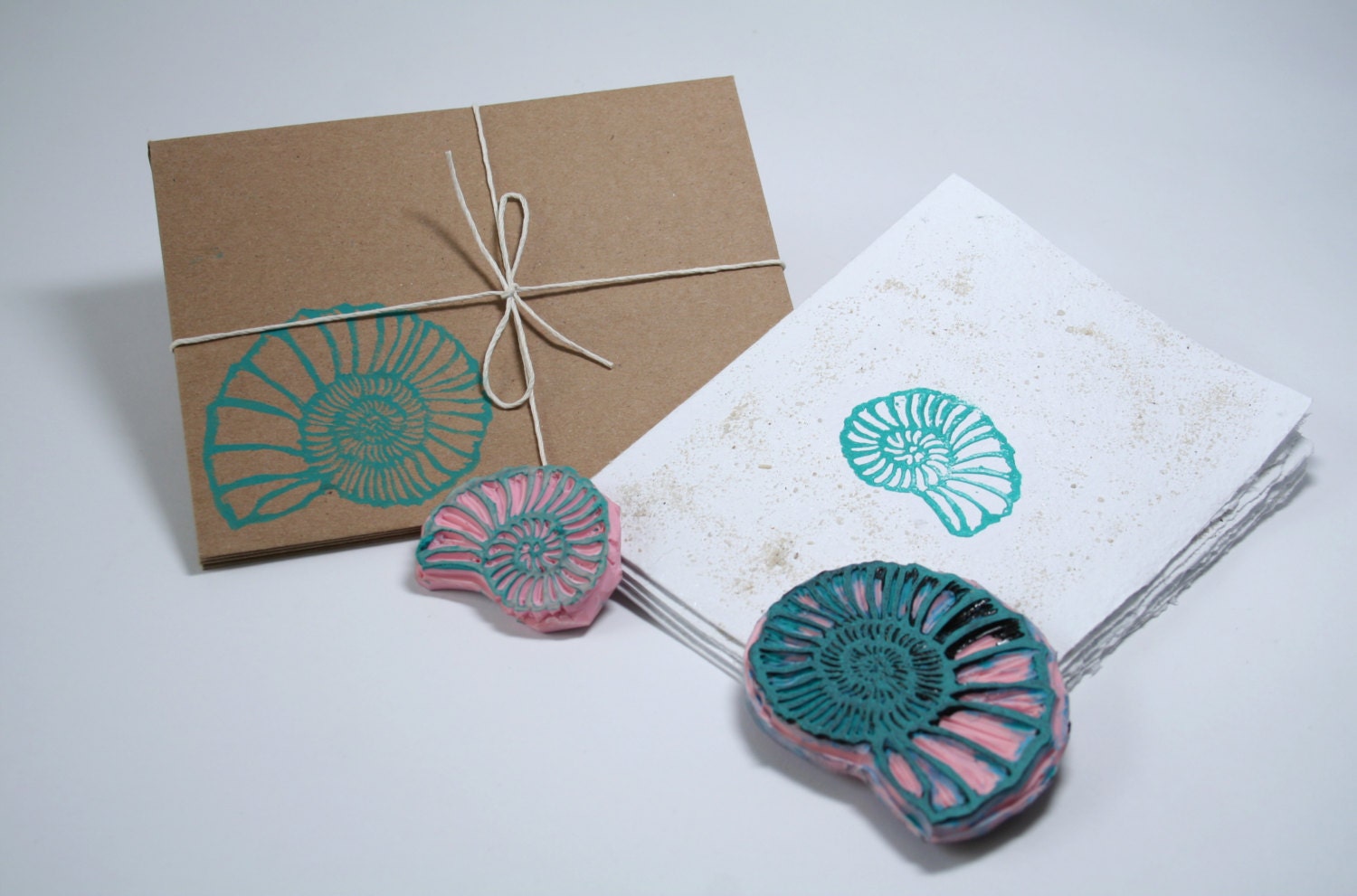 4 Ammonite Fossil Cards (Stamped Handmade Recycled Paper Card and Envelope Set)