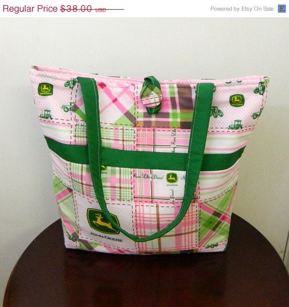 SALE Girl Diaper Bag - John Deere Pink & Green Plaid Personalized