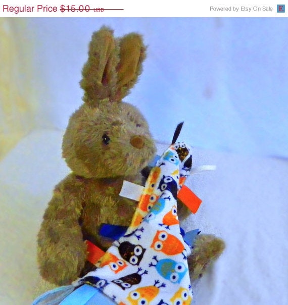 SALE Owls Ribbon Baby Blanket - Blue, Brown & Orange