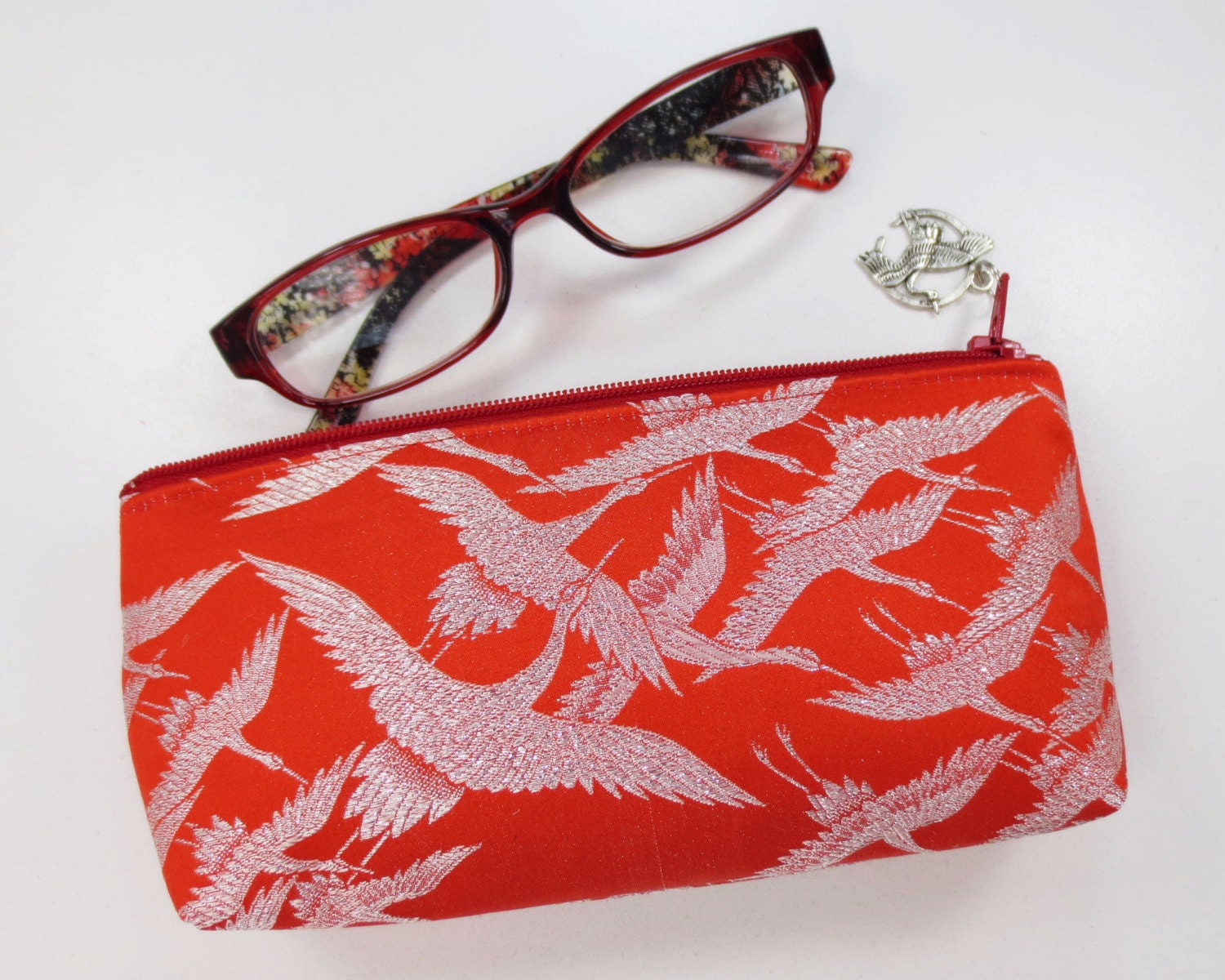One Thousand Cranes Zipper Pouch/ Eyeglass Case Made From Vintage Uchikake Wedding Kimono