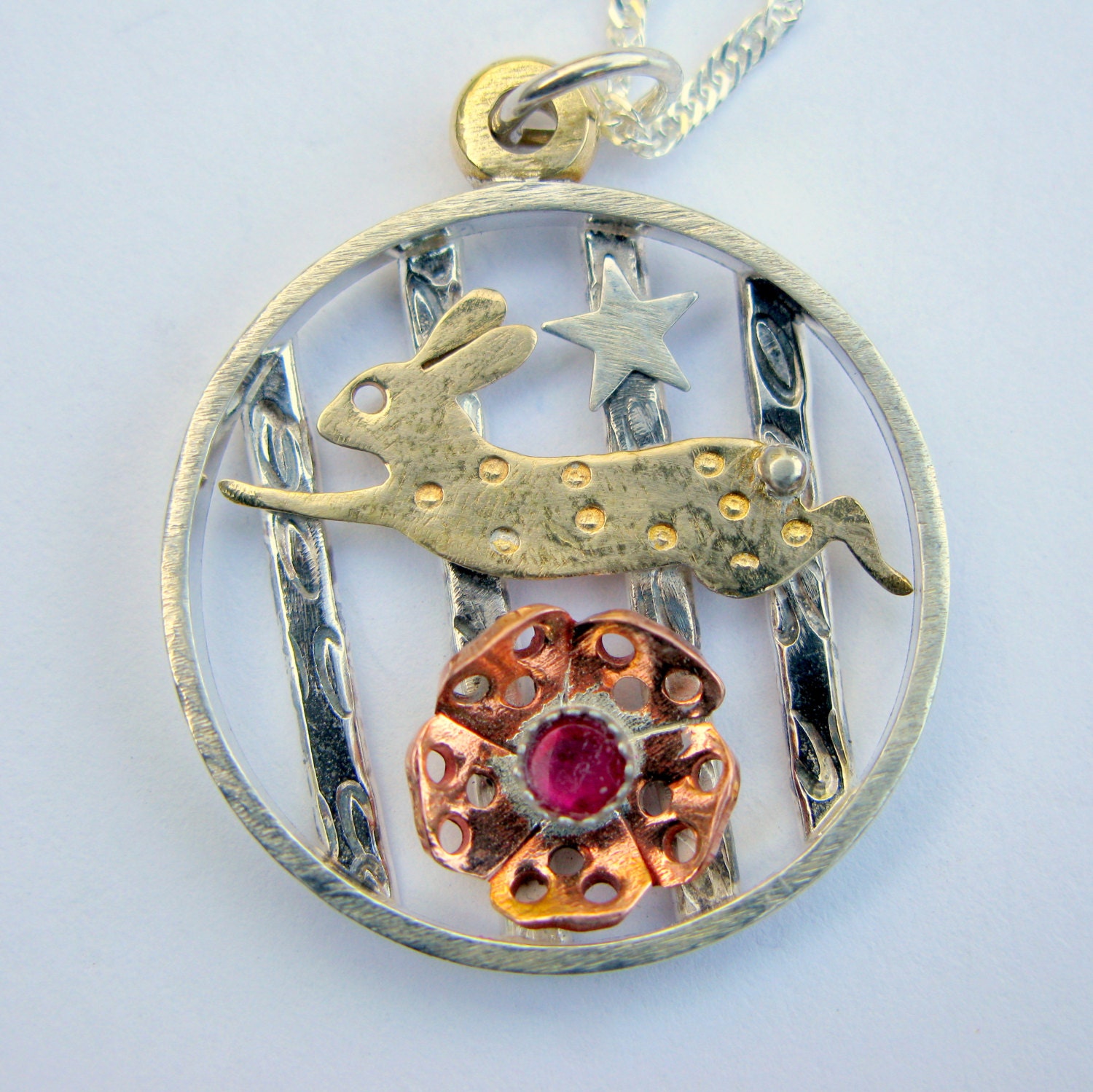 Sterling silver and garnet rabbit necklace or pendant - animal nature jewelry - textured handmade artisan - flower and star - bunny