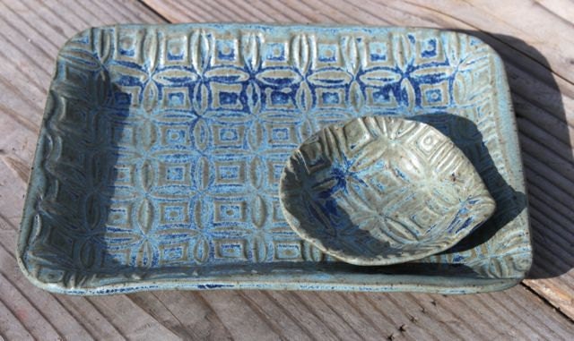 Bridges Pottery Rectagle Patterned Tray and condiment cup Mossy -Electric Blue